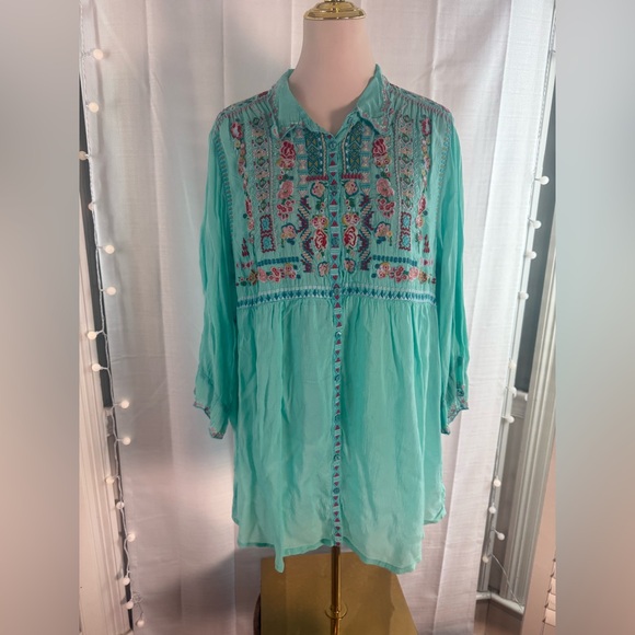 Johnny Was Turquoise Embroidered Boho Tunic Top Tassel XL NWT
